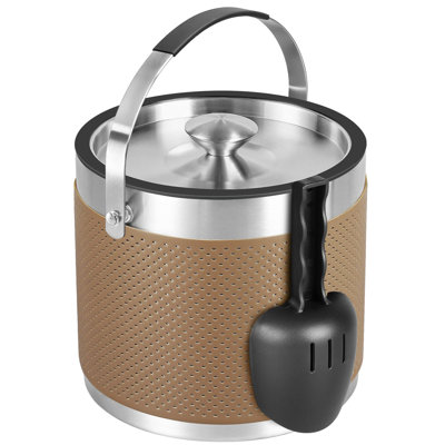 3Quart / Seau à glace isolé de 3,2 L avec couvercle, cuillère, seau à glace en acier inoxydable à double paroi en forme de cuir pour bar à cocktail, fêtes (brun)