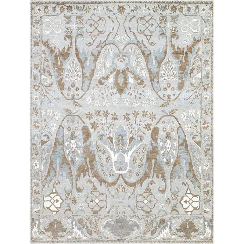 Tapis gris clair et brun de haute qualité noué à la main, Rectangle de 5 pi x 8 pi
