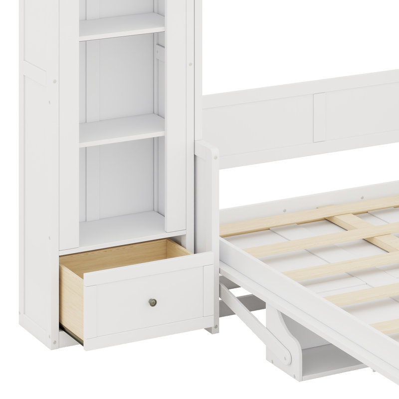 Lit plateforme moderne avec tablette, armoires latérales, tiroirs de rangement et DEL Modern, Blanc