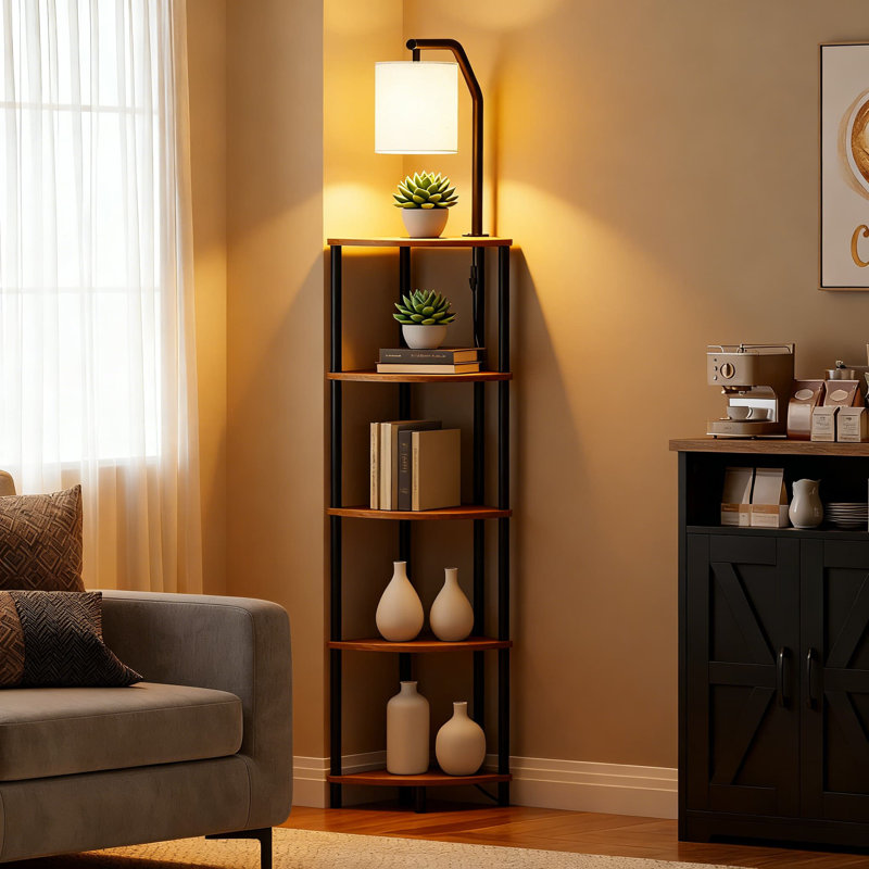 Tablette d'angle avec éclairage intégré, étagère de rangement à 5 niveaux à cadre en métal pour le salon, la chambre à coucher ou le bureau