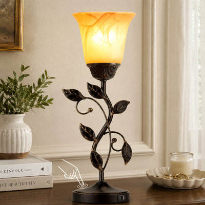 Vintage Leaf-Design Touch Table Lamp with Amber Glass Shade, 3-Way Dimming, 2 USB-C/USB-A Ports and Included LED Bulb for Bedrooms, Living Rooms, Dressers and Nightstands
