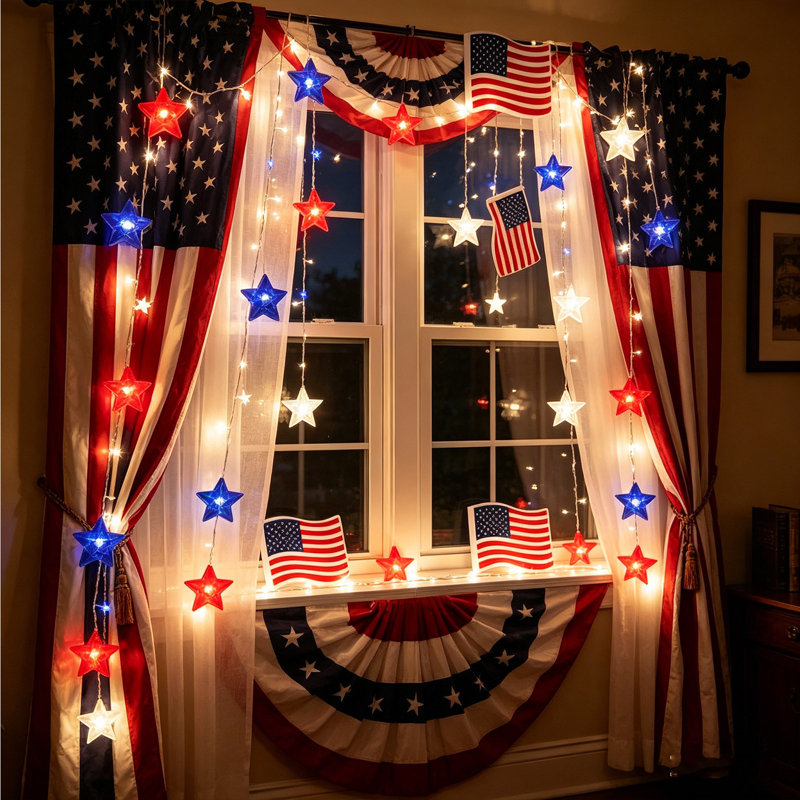 Guirlande de lumières à DEL sur le thème de la fête des États-Unis à thème drapeau des étoiles rouges et bleues