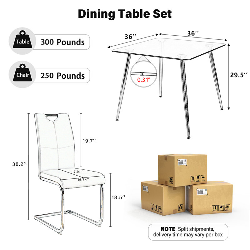 5-Piece 36 Inch Square Dining Table Set, Tempered Glass Top Table With 4 Upholstered Leather Dining Chairs, Modern Kitchen Dining Set For Small Space, Dining Room & Breakfast Nook