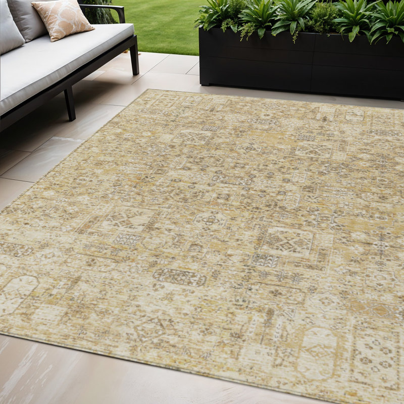 Tapis extérieur lavable floral beige et gris 5 'x 8'