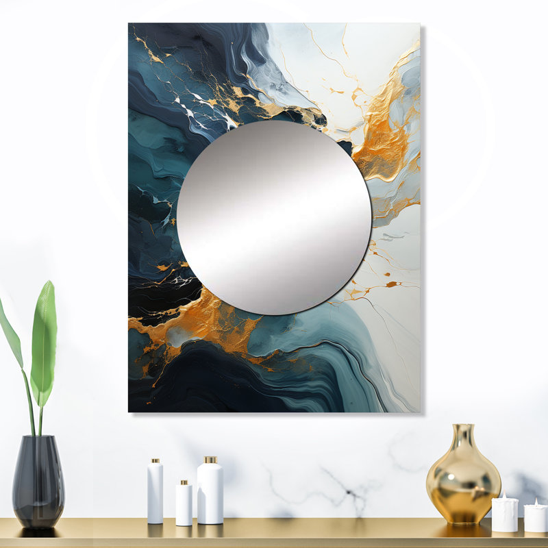 Or et vert abstrait cascade de marbre IV - peinture abstraite miroir, miroir mural moderne unique, impression sur métal