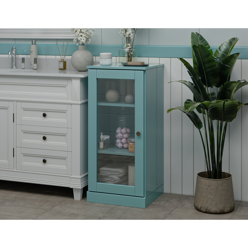 100% Solid Wood 16.5" Bathroom Cabinet with Clear Glass Door and Adjustable Shelves, Aqua