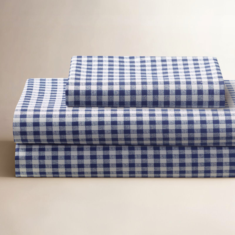 Ensemble de draps en percale 100% coton à densité de tissage 250 fils Gingham, Bleu marine