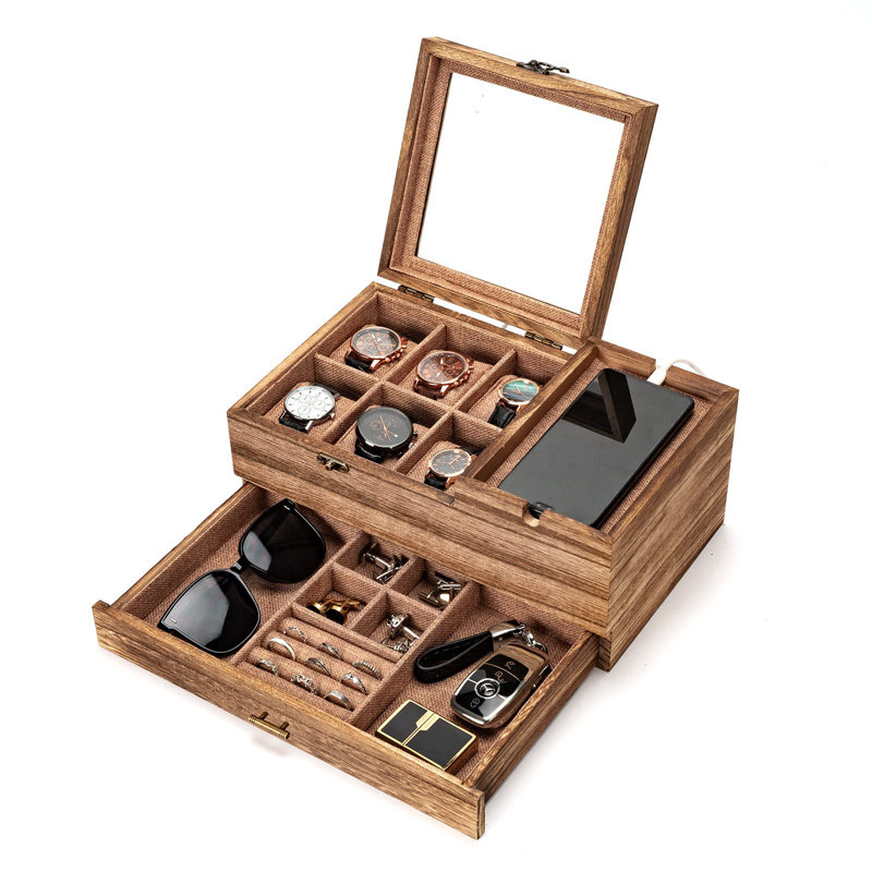 Organisateur de boîte à montre, boîte à bijoux à 6 emplacements et montre de rangement, boîtier de montre en bois massif