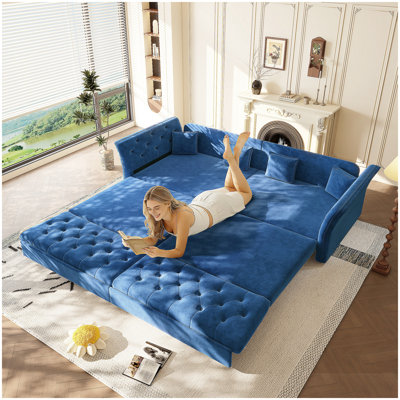 100" Oversize Pull Out Sofa Bed, Convertible Sleeper Sofa with Handmade Fabric Flower Tufted Design,Multi-Functional Velvet Loveseat Bed for Living Room,Bedroom,Apartment,Blue