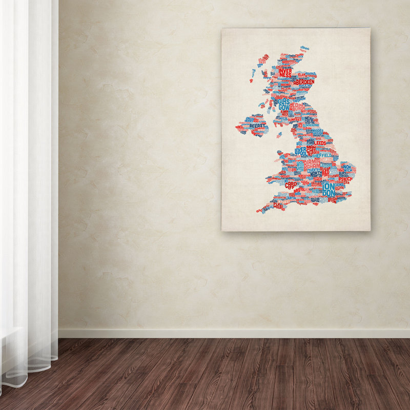 « uk villes texte map map 2 » par michael tompsett, art textuel sur toile tendue encadrée, H 24 po x l 16 po x P 2 po