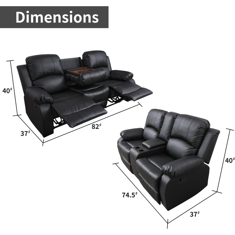 2-Piece Manual Reclining Living Room Sofa Set, Black