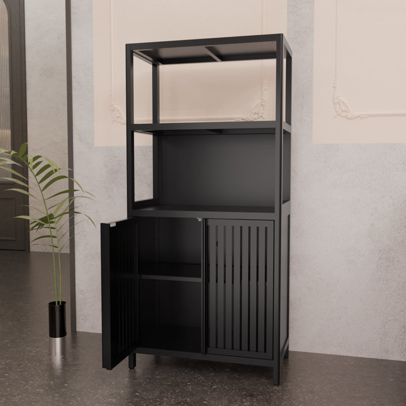 Black Bamboo Storage Cabinet, Separate Bathroom Cabinet With 2 Doors, Floor Cabinet Organizer For Living Room, Kitchen, Entrance