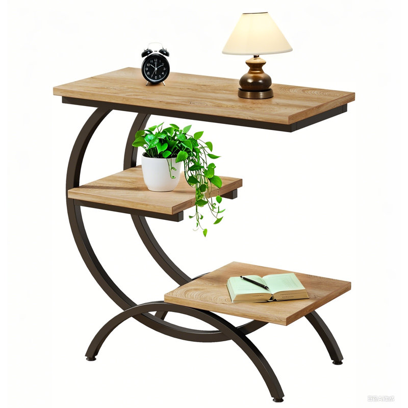 Table de bout en C, table d'appoint à 3 niveaux pour les petits espaces, Marron clair