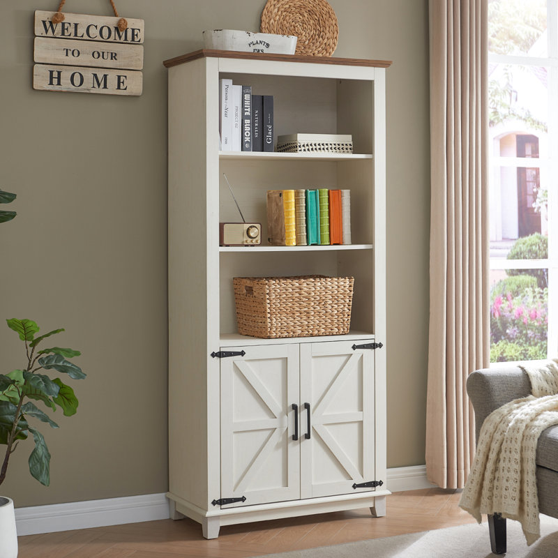 Chimira Farmhouse 69.8" H x 31.4" W 5 Tier Bookshelf with Adjustable Shelves & Barn Door, White, White