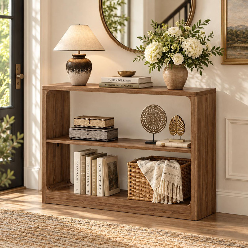 Console de 43 po en bois à bord arrondi, table de canapé à 3 niveaux avec tablettes de rangement ouvertes, table d'entrée moderne pour le salon, le couloir, le vestibule