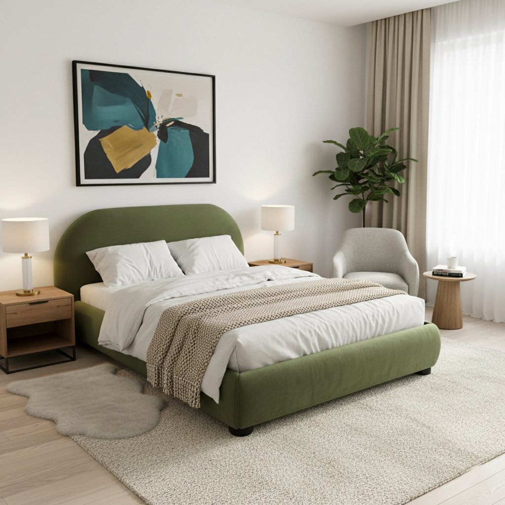 Tesso Upholstered Bed , Queen, Olive Green