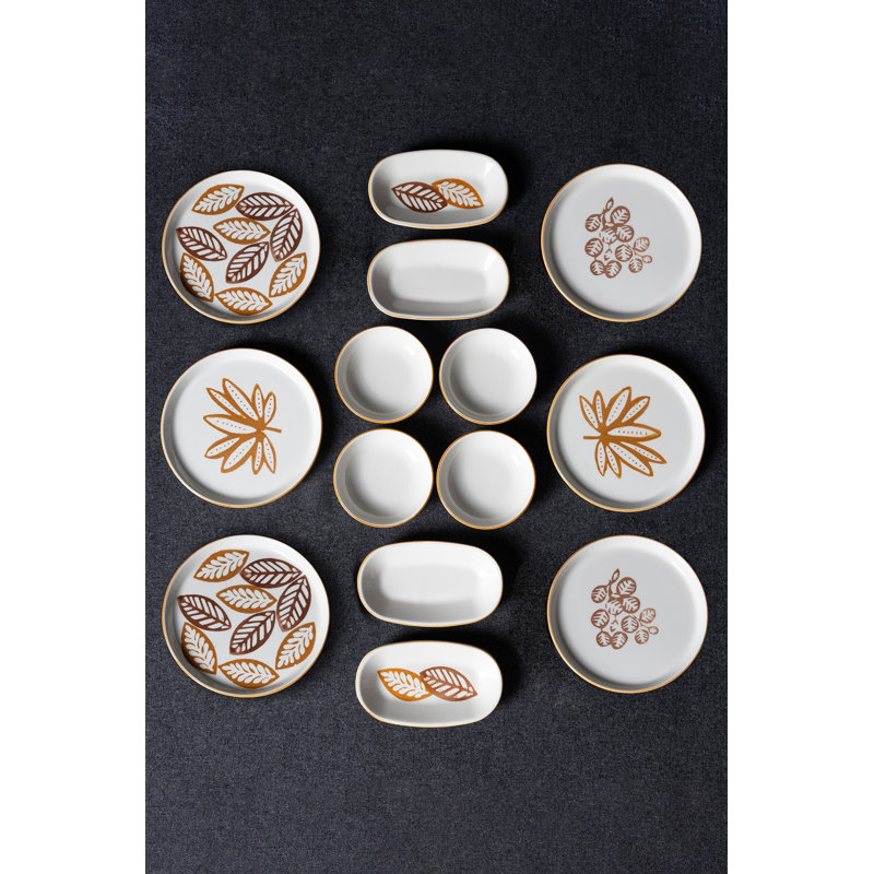 Ensemble de petit-déjeuner en céramique 14 pièces, brun | Comprend 6 assiettes rondes (7,5 po), 2 assiettes de présentation ovales (9,3 x 4 po), 2 ovales olive (9 x 2,4 po), 4 porte-sauces (4,5 x 4,5 po) | Empilable et va au lave-vaisselle, parfait pour les petits déjeuners et les rassemblements en famille