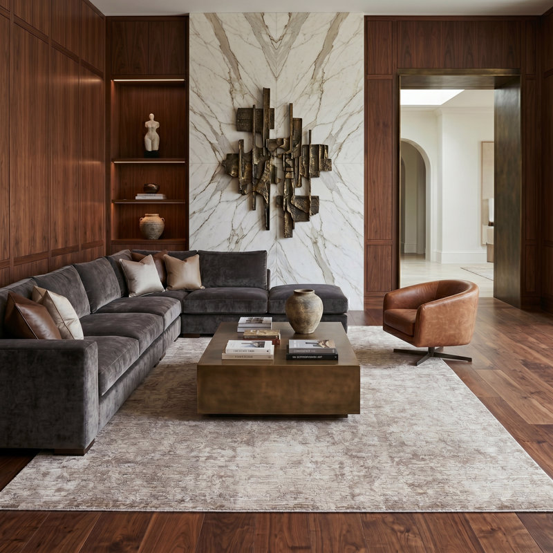 Sealy Easton Modern Abstract Grey Turkish Area Rug with Fringe, Rectangle 3'3" x 5'1", Brown Gray