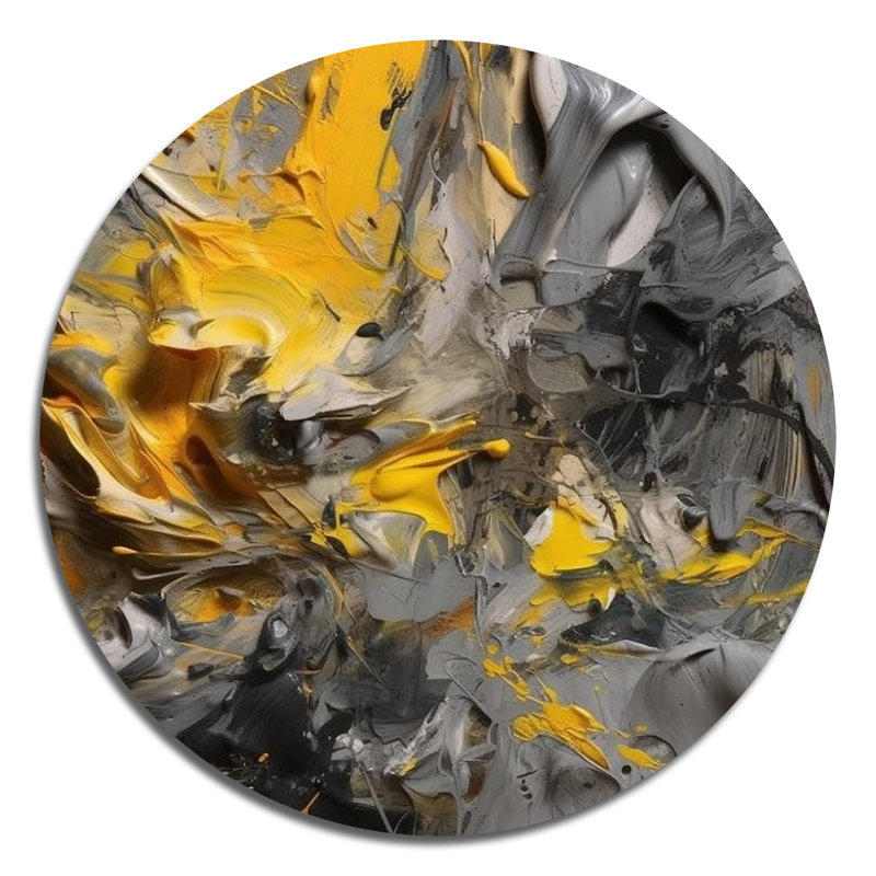 Jaune moutarde et gris vif - art abstrait rond en métal, H 29 po x l 29 po x P 1 po