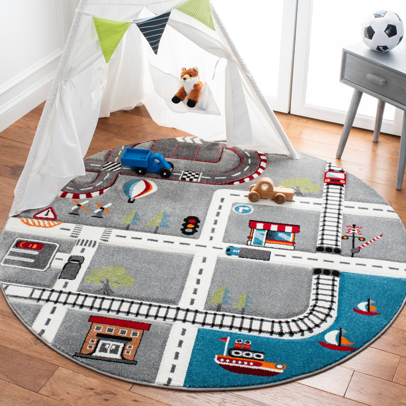 Carousel Kids Racetrack Area Rug In Grey / Ivory, Round 122cm