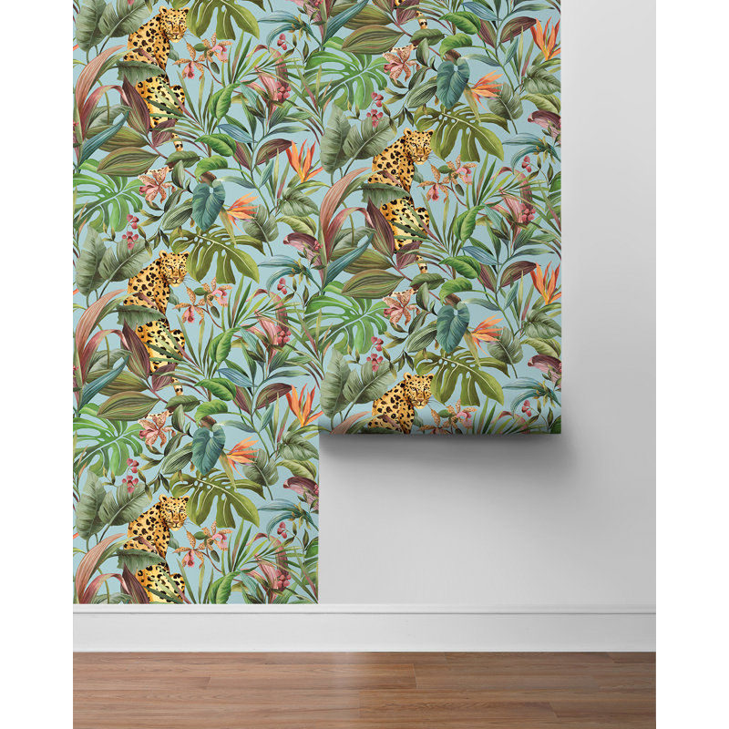 Papier peint adhésif léopard tropical noir brillant Daisy Bennett Designs, Bleu ciel brillant