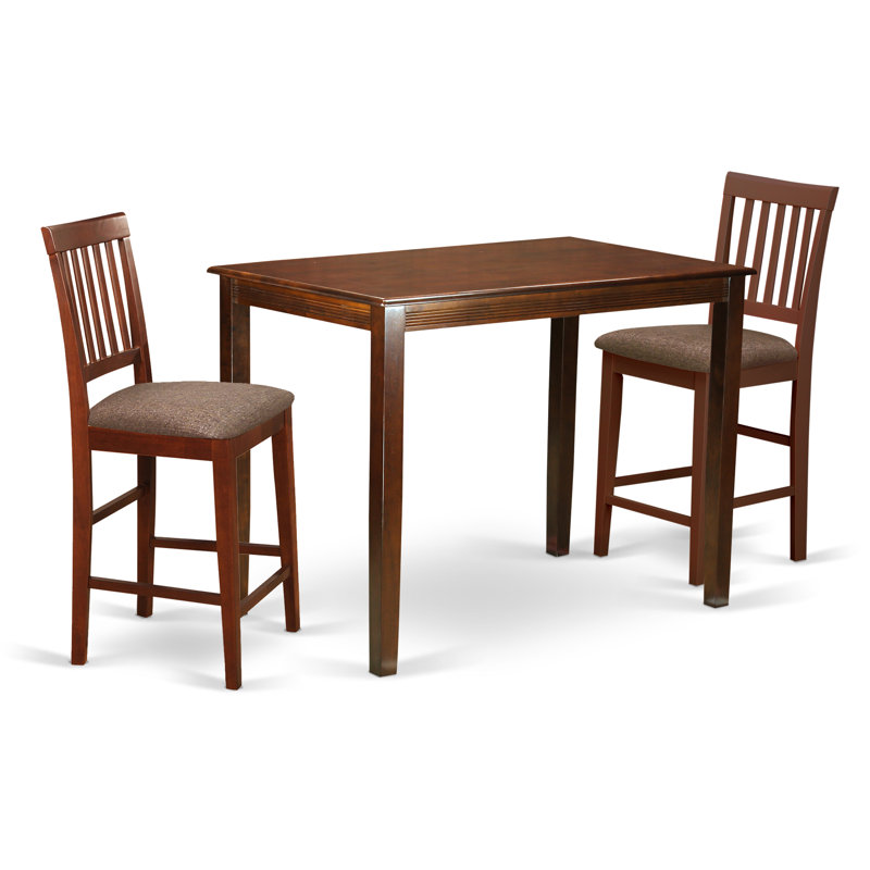 3 Piece Kitchen Counter Height Dining Table Set Contains a Rectangle Dining Room Table and 2 Linen Fabric Upholstered Chairs, Mahogany