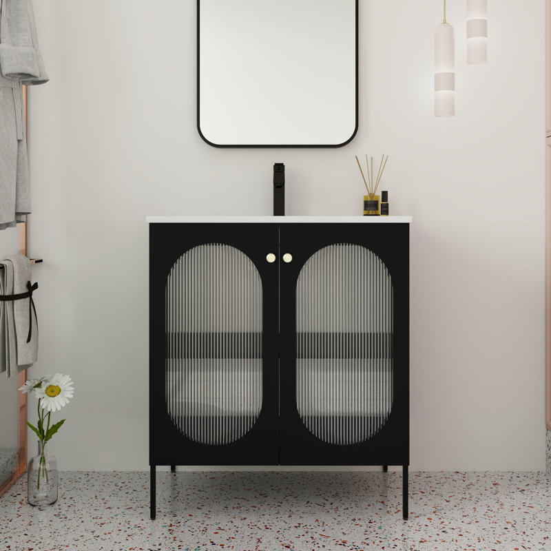 Kainani 30" Single Freestanding Bathroom Vanity with Ceramic Basin Sink Top, Floor Standing Vanity With 2 Doors And 1 Adjustable Shelf