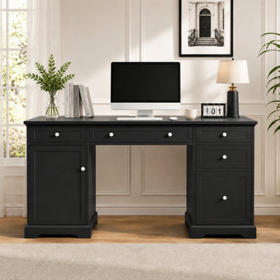 Bureau d'ordinateur 60 po avec rangement, bureau à domicile en bois avec tiroir et armoire