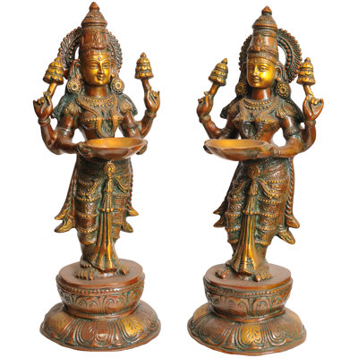 Handmade Brass Deeplakshmi Statue Pair - 17 Inch Traditional Lamp Holders for Spiritual Home Altars, Rituals, and Inspirational Decor