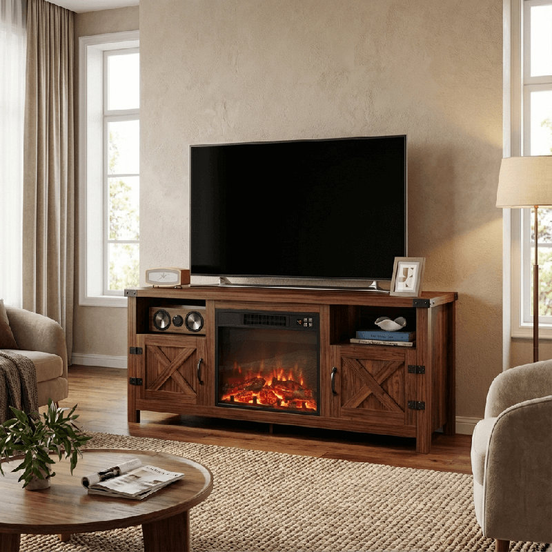 58" W Farmhouse TV Stand Fireplace, Brown