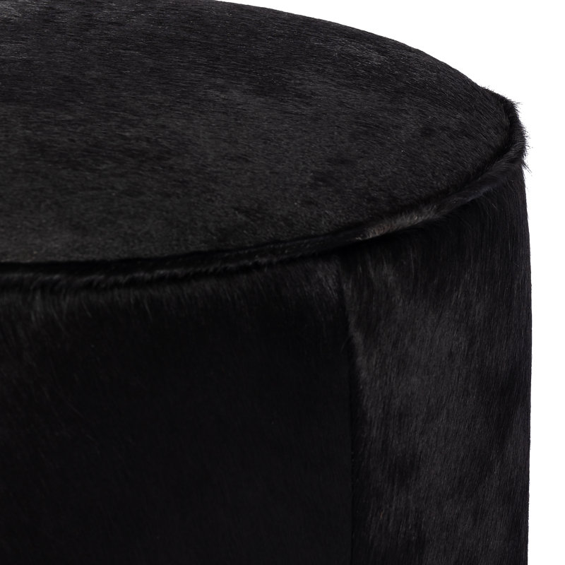 Sinclair Round Ottoman, Black Hair On Hide Genuine Leather
