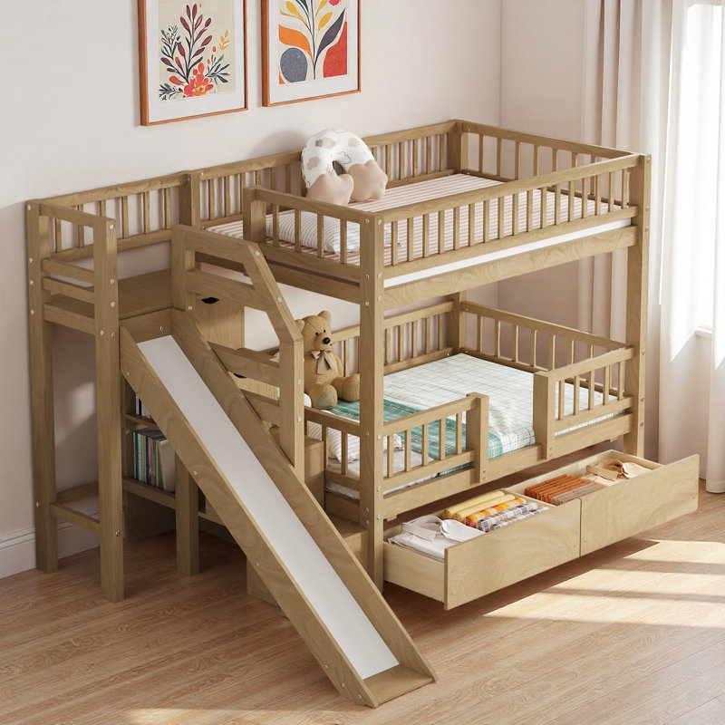 Lit superposé avec escalier de rangement, glissade et 2 tiroirs, Noyer