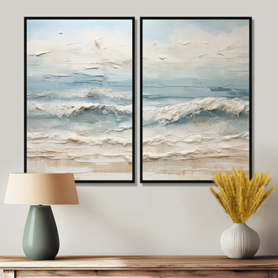 Peinture de bord de mer beige et bleue - art mural nautique beige 2 pièces