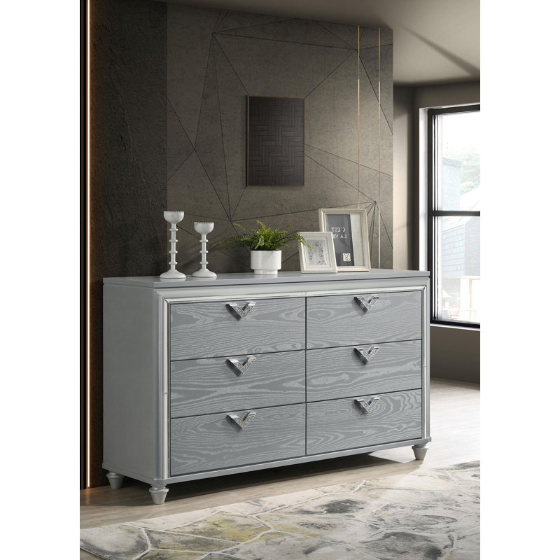Commode 6 tiroirs argent clair