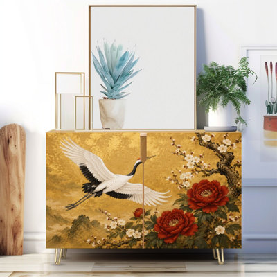 Narrow 35.4'' Wide Sideboard Buffet Cabinet - 2-Door Accent Storage Cabinet With Red Crowned Crane Flight Peonies Blossoms Golden Traditional Asian Print And Metal Legs