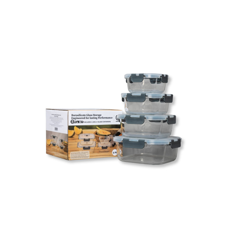 GENICOOK 8pc Square Borosilicate Glass Container with Vented Lid Set, 4 containers