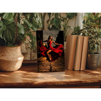 «Passionate Woman in Red Dress Dancing on Cobblestone Street», art mural Moody and Romantic, Energetic Dancer, reproduction de photo