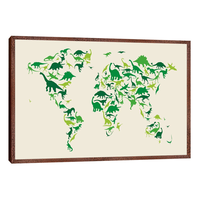Dinosaur Map Of The World by Michael Tompsett - Print on Canvas, Brown Framed, 101.6 cm H x 66.04 cm W