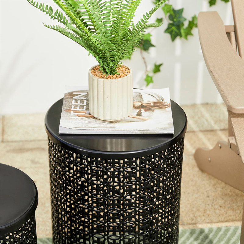 Set of 2 Garden Side Tables - Heavy Duty Metal Frame Stools, Glossy Black