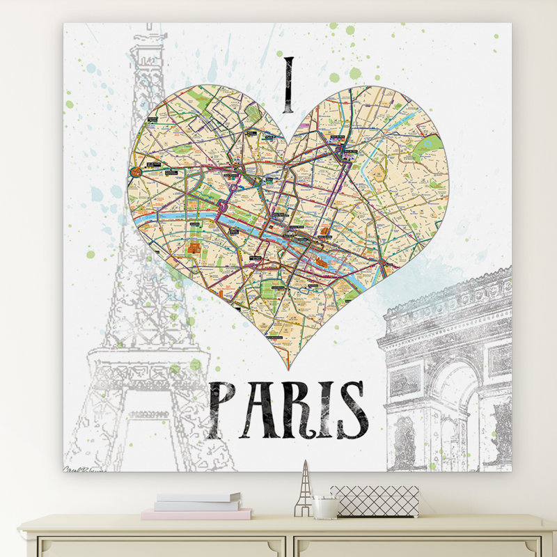«I Love Paris Map», reproduction d'impression sur toile, H 16 po x l 16 po x P 1,5 po