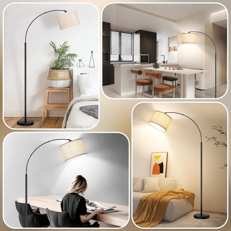 79'' Arc Floor Lamps For Living Room, Modern Standing Lamp With Adjustable Hanging Drum Shade, Black Tall Pole Lamp