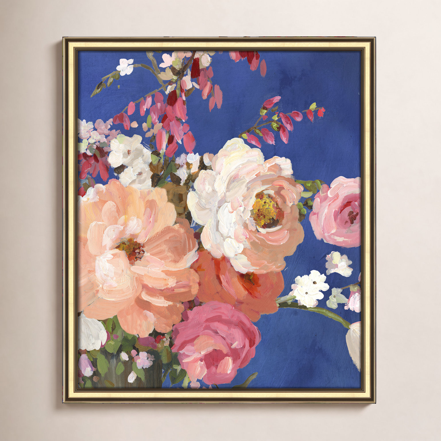 Midnight Garden Flowers I - Picture Frame Painting, Gold Framed, 20.25" H x 17.25" W x 0.75" D