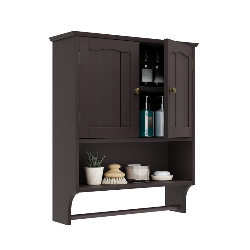 Brown MDF Wall Mounted Bathroom Cabinet with Adjustable Shelves and Towel Bar