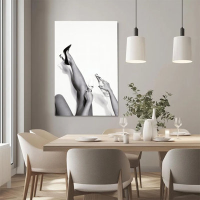 1Pc Framed Canvas Poster Print Champagne moment, high heels and wine glasses, minimalist black and white photography style Wall Art Decor, Perfect for Room Decor Living Room Bedroom Office Kitchen Bathroom Home Decor, Ideal Home Wall Decoration Gift