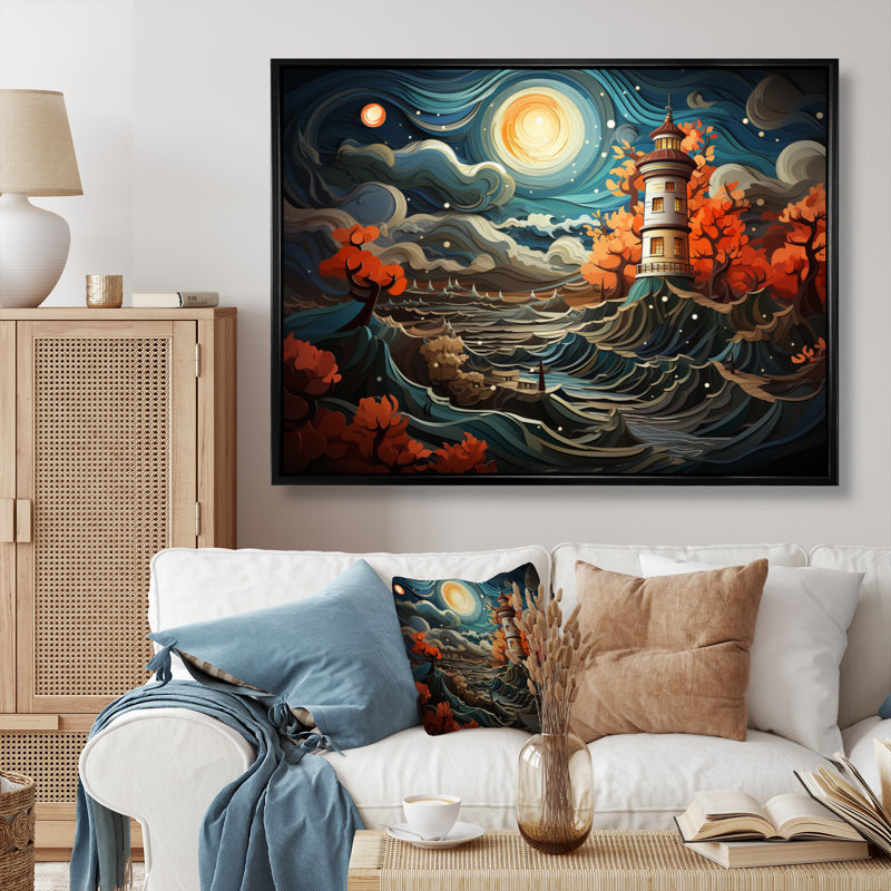 Bord de mer majestueux phare IV, reproduction d'art sur toile, Cadre flottant noir, H 30 po x l 40 po x P 1,5 po