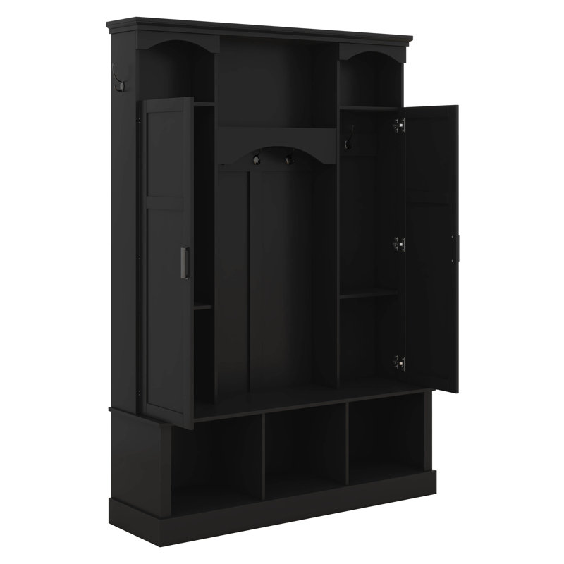 All-In-One Hall Tree With Adjustable Shelves, Arched Storage Bench With Dual Side Cabinets, Entryway Organizer With 7 Hooks