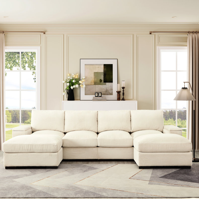 Spacieux en forme de U avec repose-pieds, revêtement en velours côtelé, coussins moelleux pour le salon, appartement, bureau, 4 et 2, tissu beige rembourré confortable, espace de travail confortable à assise profonde,