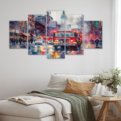 Red Fire Truck In New York II - Fireman Canvas Art Set