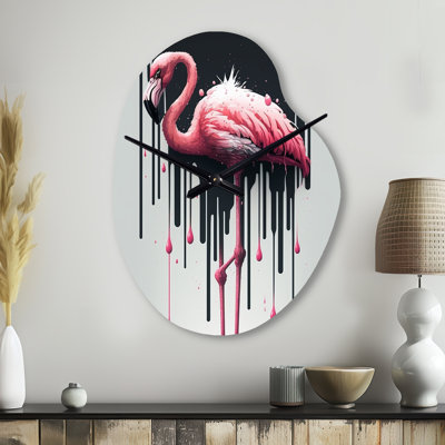 Flamingo With Paint Dripping1 - Asymmetrical Flamingo Metal Wall Clock, Pink Wall Clock Print