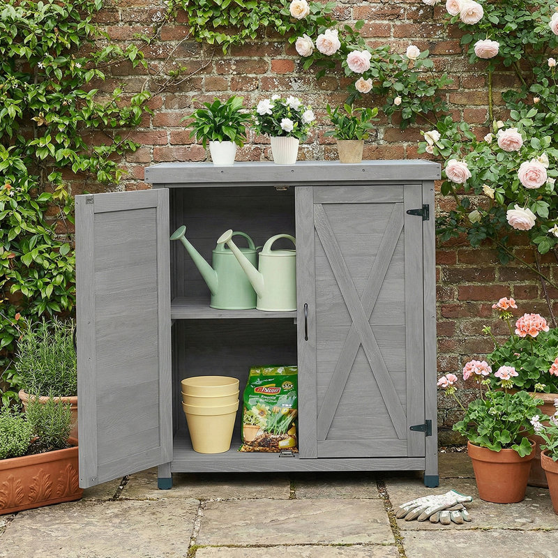 Banc de rempotage avec armoire de rangement et plateau de table en métal pour patio extérieur, table de poste de travail extérieur